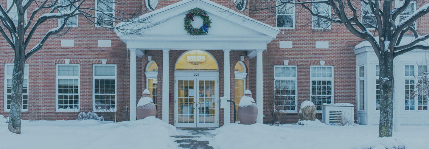 Winter photo of BS&L's main office exterior with snow on the ground