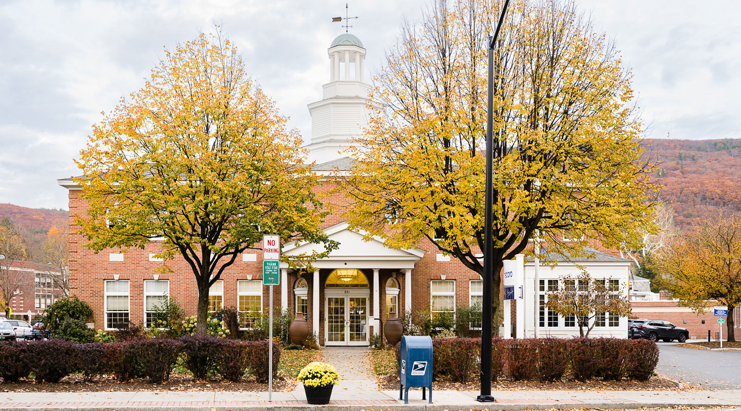 Front of BS&L's main office with colorful Fall foliage out front