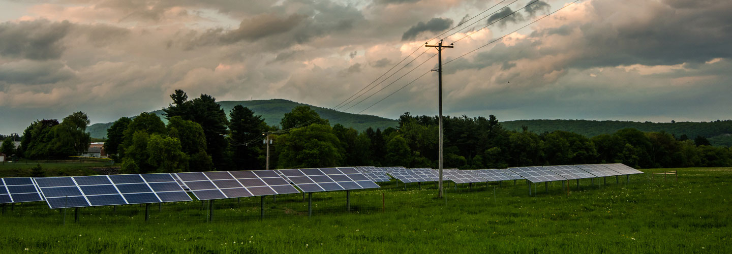 Photo of Brattleboro Savings & Loan's solar array panels in a grassy field