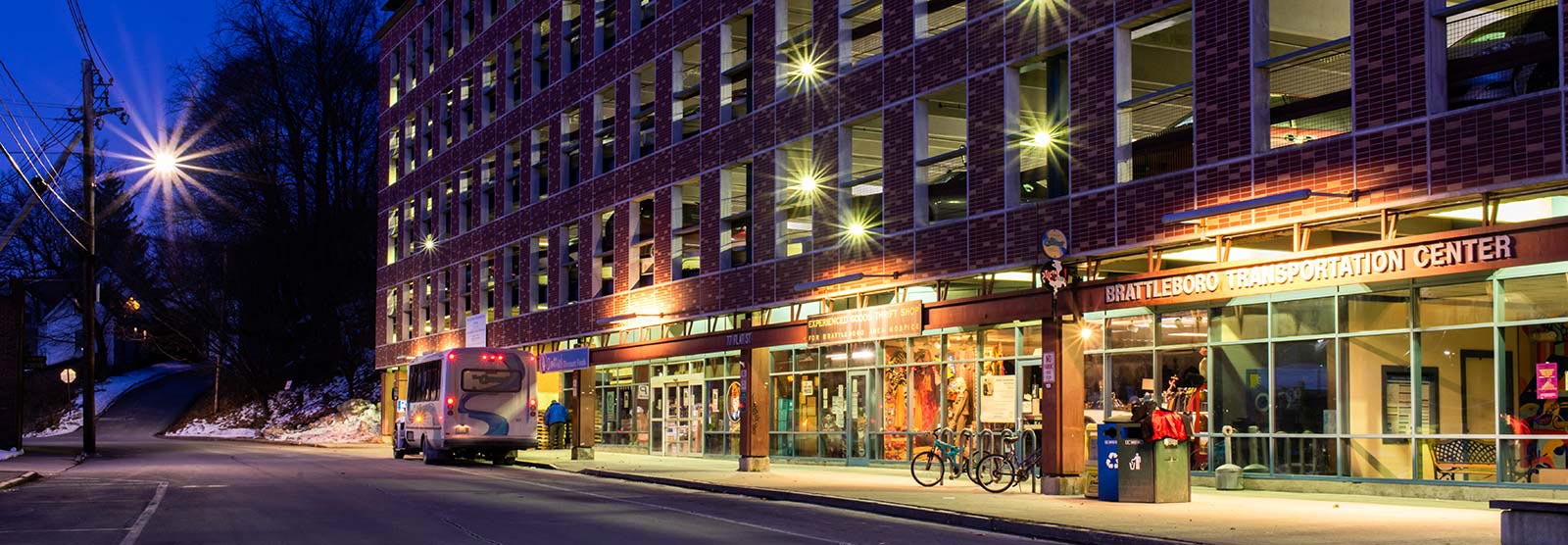 Exterior of storefronts in downtown Brattleboro.